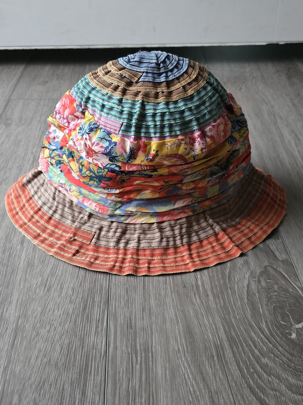 Grevi Firenze Italy Pleated Rainbow Patchwork Floral Bucket Sun Hat Made Italy